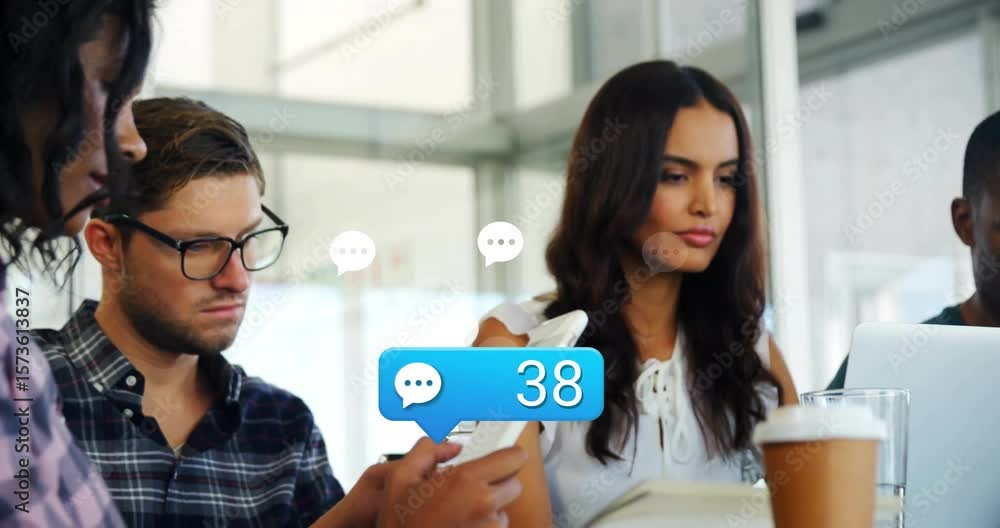 Poster office team tapping devices and tracking rising animated chat count for business communication