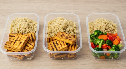 Healthy Meal Prep with Grilled Tofu, Quinoa, and Colorful Vegetables in Clear Containers