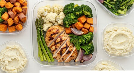 Healthy Meal Prep with Grilled Chicken, Vegetables, and Cauliflower Mash in Transparent Containers