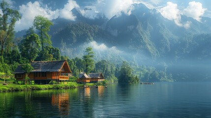 Fototapeta premium Lakeside cottages sit nestled at the edge of a tranquil lake, misty mountains rising in the background