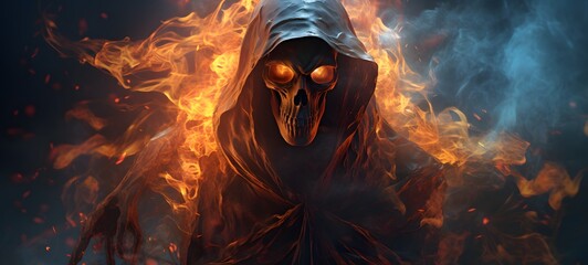 a light grim reaper ifrit , coming out of the smoke,ai generative