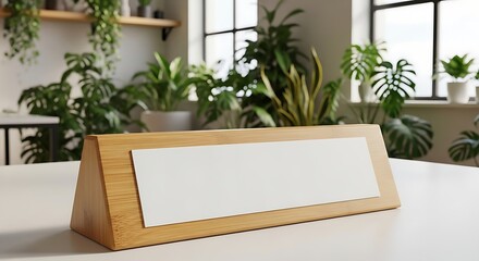 Elegant wooden desk nameplate mockup with blank paper insert for branding identity
