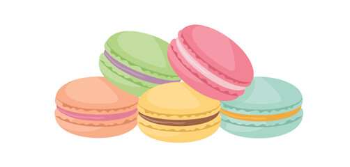 A delightful assortment of colorful french macarons arranged on a white background