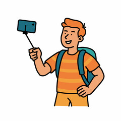 Male tourist taking a selfie with a backpack. Great for travel content, tourism promotions, and mobile vacation apps.