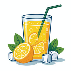 Refreshing glass of orange juice with lemon slices and ice cubes