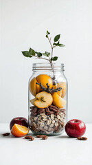 Mason jar filled with fresh apples oranges granola pecans and branch decor arranged for healthy eating concept natural nutrition and food styling themes