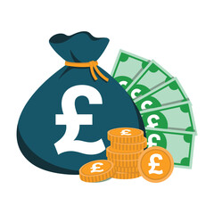 Bag of british pounds sterling coins and banknotes representing wealth and financial success