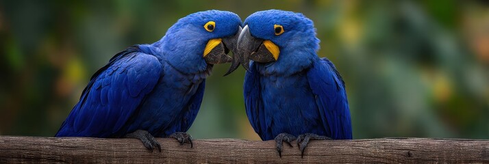 Obraz premium Close interaction of Hyacinth Macaws showing affection on a long wooden perch, deep jungle background, symmetrical positioning with ample space for headline text