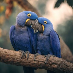 Obraz premium Close-up of two Blue Hyacinth Macaws sitting closely on a thick tree branch, gently touching beaks with affection, soft sunlight and blurred rainforest background