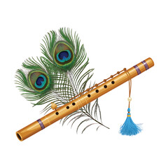 Traditional wooden bamboo flute with decorative peacock feathers and blue tassel