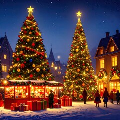 Obraz premium Festive Christmas market scene at night