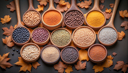 mixed grains healthy seeds organic lentils superfood ingredients colorful legumes natural grains mix high protein seeds gourmet pulses plant-based proteins vegan pantry staples