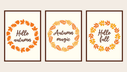 Autumn simple poster set. Fall flyer doodle set. Vectical banner autumn elements. Autumn interior design poster, end of season promo template. Vector illustration.