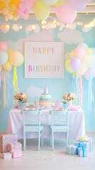Pastel Birthday Party Decorations Balloons Table Setting Celebration Scene