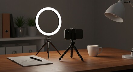 Smartphone Tripod and Ring Light Setup on Creator Desk
