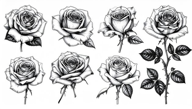 Detailed black and white rose illustrations