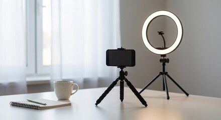 Smartphone Tripod and Ring Light Setup on Creator Desk