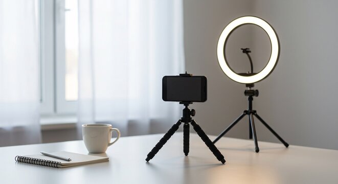 Smartphone Tripod and Ring Light Setup on Creator Desk