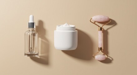 Minimal Skincare Flatlay with Dropper Bottle and Facial Roller