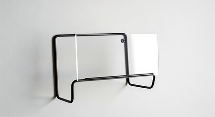 Minimalist black metal magazine rack against a clean white wall backdrop studio shot