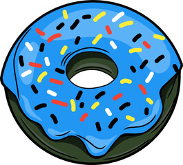 Cute and colorful donut graphic with a smooth blue icing layer and scattered sprinkles. Represents sweetness, snacks, and deliciousness.