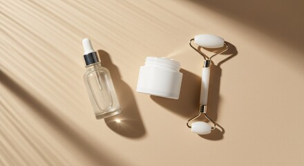 Minimal Skincare Flatlay with Dropper Bottle and Facial Roller