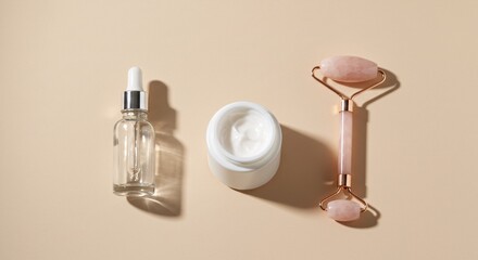 Minimal Skincare Flatlay with Dropper Bottle and Facial Roller