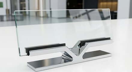 Modern minimalist glass display stand on a white surface with blurred background