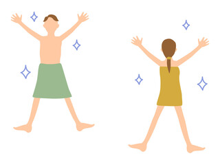 バスタオルを身体に巻いて万歳する男女のイラストセット