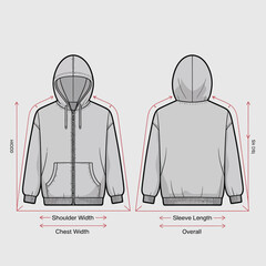 Technical Drawing of a Zip Up Hoodie