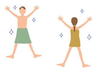 バスタオルを身体に巻いて万歳する男女のイラストセット