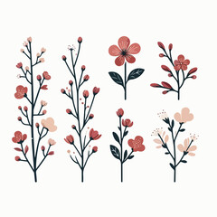 image of a branch with blooming flowers with a simple and minimalist flat design using a white background