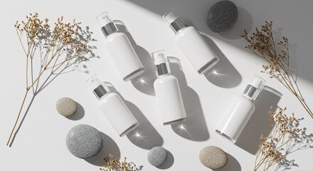 Skincare Glass Bottles with Stones on White Background