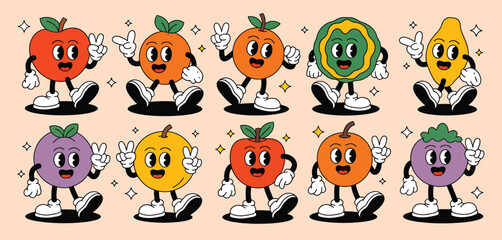 Cute Cartoon Retro Fruit Characters Set