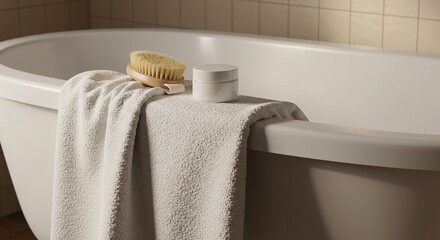 Skincare Cream and Body Brush Near Bathtub in Warm Light