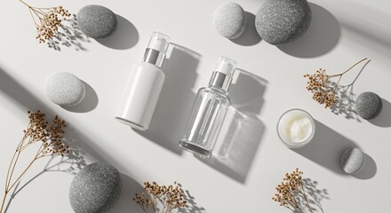 Skincare Glass Bottles with Stones on White Background