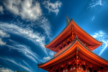 A vibrant red and orange pagoda stands against a bright blue sky filled with wispy white clouds, showcasing traditional Japanese architecture.