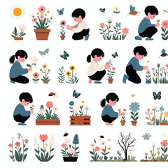 Picture of a child picking flowers in spring with a simple and minimalist flat design using a white background.