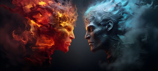 a light God vs demon , coming out of the smoke,ai generative
