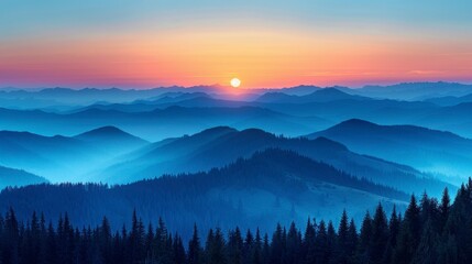 Obraz premium Blue mountain ranges fade into the distance at sunset. Orange sun. Atmospheric perspective