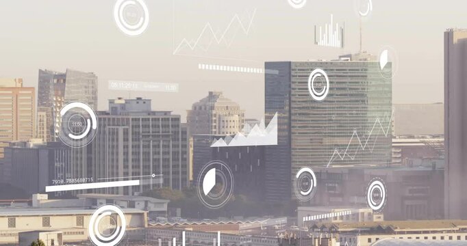 Progress chart appearing triggers skyline data overlays sliding to visualize rising market trends - Powered by Adobe