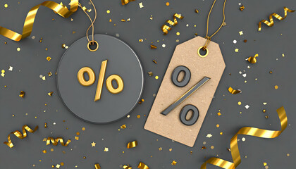 A festive arrangement of golden confetti and ribbons accentuates two unique percentage discount labels.