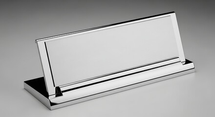 Polished chrome desk nameplate holder providing a professional office aesthetic