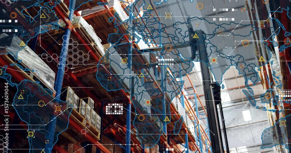 Poster forklift aligning forks beneath pallet lifting it into rack while map animating logistics network