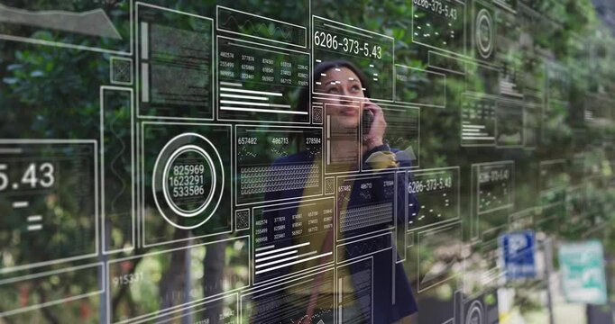 Professional woman walking sidewalk starting phone call while scanning data on tech HUD updating