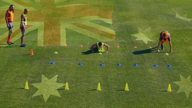 On coach signal athletes inchworm crawling then sprinting and shuffling cones for sports training