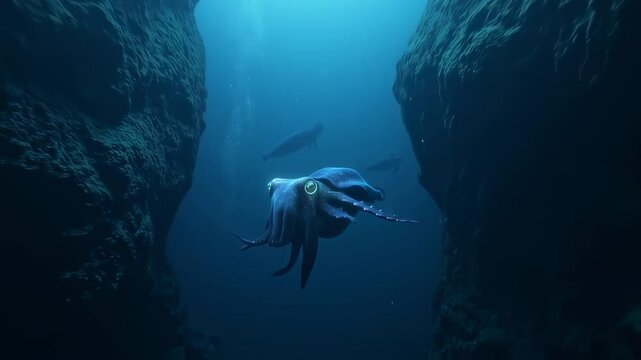 Underwater adventure: A majestic dumbo octopus swims through a deep sea cavern, surrounded by