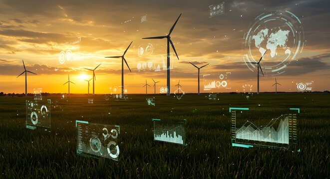Wind Turbines and Data Analytics for Renewable Energy at Sunset
