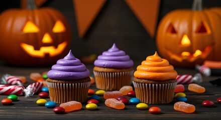 Halloween Cupcakes with Candy and Jack-O'-Lantern Decoration