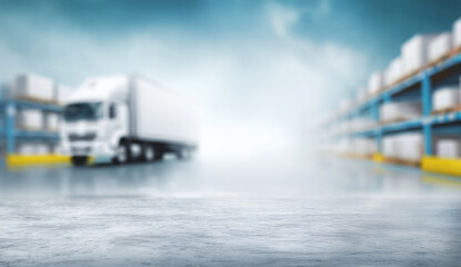 Blurred Background of Warehouse with Truck and Shelves Emphasizing Industrial Logistics Environment